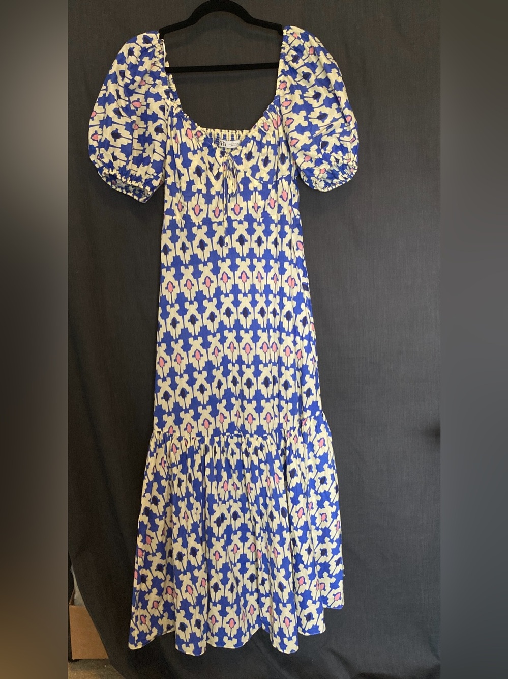 Graphic 100% Cotton Blue & Pink Patterned Puff-Sleeve Maxi Dress | Zara - Picture 5 of 15